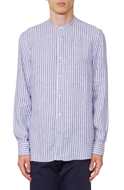 Officine Generale Gaston Stripe Linen Blend Button-up Shirt In Blue