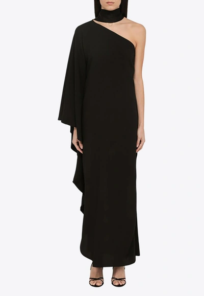 Taller Marmo Bolkan Scarf-detailed One-shoulder Ruffled Crepe Gown In Black