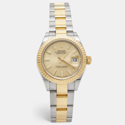 Pre-owned Rolex Champagne 18k Yellow Gold Oystersteel Datejust M279173-0002 Women's Wristwatch 28 Mm In Silver