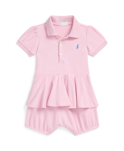 Polo Ralph Lauren Baby Girls Stretch Mesh Peplum Polo Shortall In Garden Pink With Dusty Blue