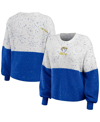 Wear By Erin Andrews White/royal Los Angeles Rams Lighweight Modest Crop Color-block Pullover Sweat In White,royal