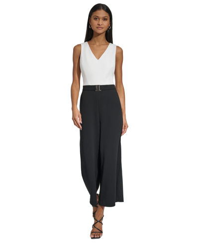 Karl Lagerfeld Women's Scuba Crepe Belted Jumpsuit In Soft White Black