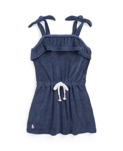 Polo Ralph Lauren Baby Girls Ruffled Terry Cover Up Swimsuit In Rustic Navy With Hint Of Pink