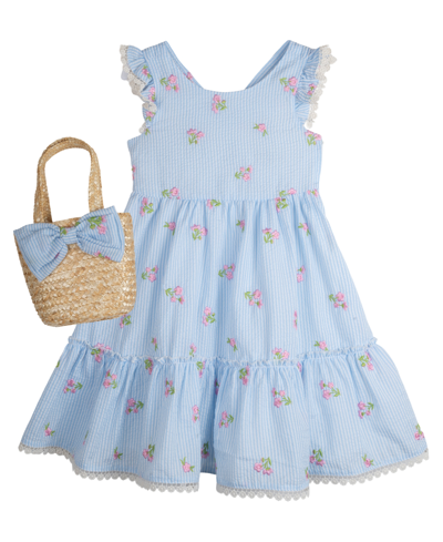 Rare Editions Kids' Toddler Girls Embroidered Seersucker Dress With Matching Bag, 2 Piece Set In Blue
