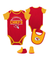 OUTERSTUFF BABY BOYS AND GIRLS RED, GOLD KANSAS CITY CHIEFS HOME FIELD ADVANTAGE THREE-PIECE BODYSUIT, BIB AND 