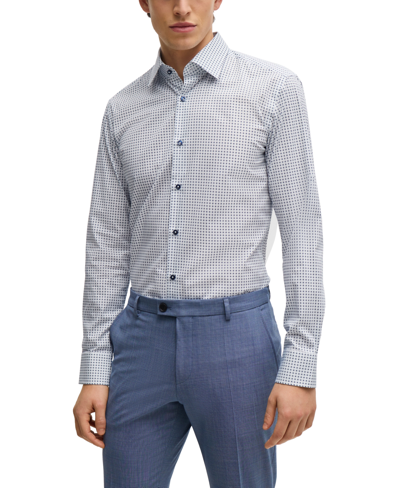 Hugo Boss Boss By  Men's Geometric-printed Stretch-cotton Slim-fit Dress Shirt In White