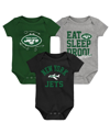 OUTERSTUFF BABY BOYS AND GIRLS GREEN, BLACK, HEATHER GRAY NEW YORK JETS THREE-PACK EAT, SLEEP AND DROOL RETRO B
