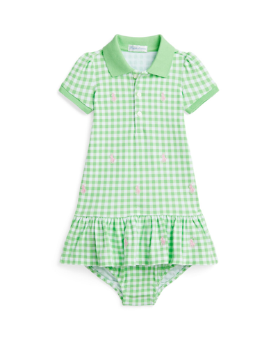 Polo Ralph Lauren Baby Girls Polo Pony Mesh Polo Dress In Gingham Lime With Pink