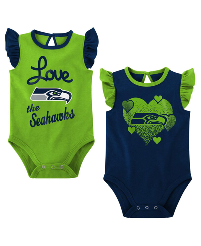 Outerstuff Baby Girls Navy, Neon Green Seattle Seahawks Spread The Love 2-pack Bodysuit Set In Navy,neon