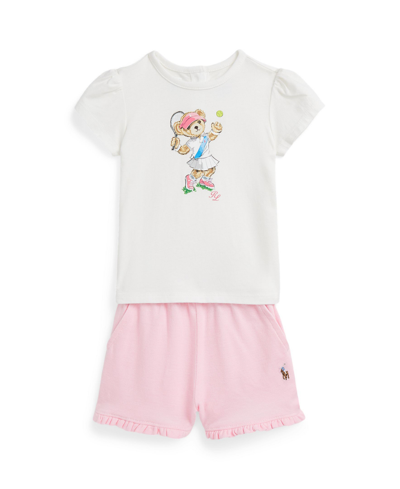 Polo Ralph Lauren Baby Girls Polo Bear Jersey T-shirt And Mesh Shorts Set In Trophy Cream,carmel Pink
