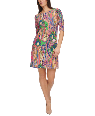 Tommy Hilfiger Petite Paisley Ruched-sleeve Jersey Shift Dress In Taffy Pink Multi