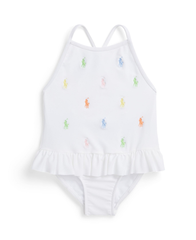 Polo Ralph Lauren Baby Girls Polo Pony Ruffled One Piece Swimsuit In White