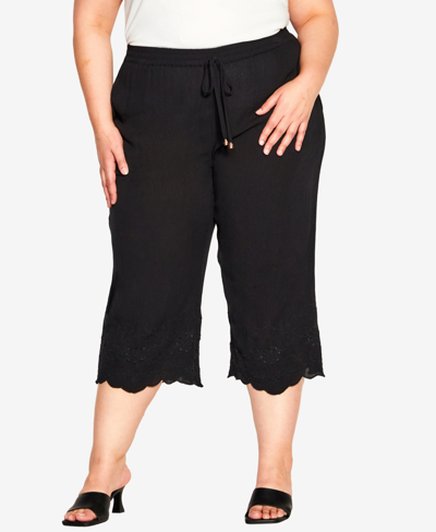 Avenue Plus Size Embroidered Hem Pull On Pants In Black