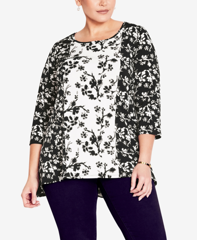 Avenue Plus Size Nina Placed Round Neck Top In Black Ink Blossom