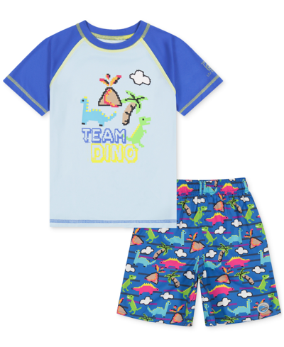 Laguna Kids' Little Boys Team Dino Video Swim Top And Printed Swim Shorts, 2 Piece Set In Strong Blue