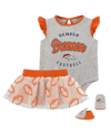 OUTERSTUFF BABY GIRLS HEATHER GRAY, ORANGE DENVER BRONCOS ALL DOLLED UP THREE-PIECE BODYSUIT, SKIRT AND BOOTIES