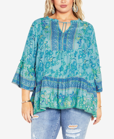 Avenue Plus Size Sea Change V-neck Top In Aqua Sea Change