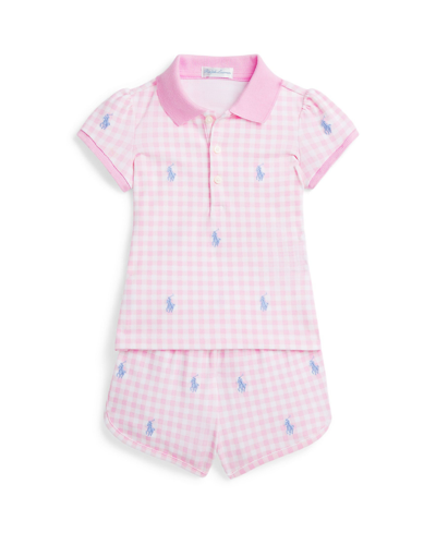 Polo Ralph Lauren Baby Girls Polo Pony Mesh Polo Shirt And Shorts Set In Gingham Pink With Blue