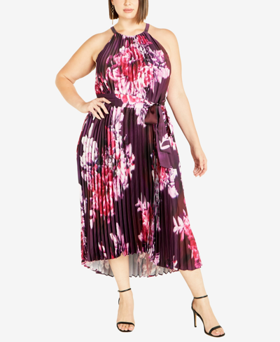 Avenue Plus Size Demi Pleat Halter Neck Dress In Blurred Floral