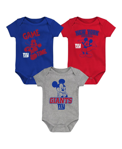 OUTERSTUFF BABY BOYS AND GIRLS ROYAL, RED, GRAY NEW YORK GIANTS THREE-PIECE DISNEY GAME TIME BODYSUIT SET