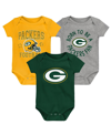 OUTERSTUFF BABY BOYS AND GIRLS GREEN, GOLD, HEATHER GRAY GREEN BAY PACKERS BORN TO BE 3-PACK BODYSUIT SET