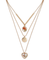 LUCKY BRAND GOLD-TONE PRESSED FLOWER CHARM THREE-ROW LAYER NECKLACE, 22" + 3" EXTENDER