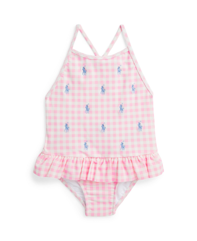 Polo Ralph Lauren Baby Girls Polo Pony Ruffled One-piece Swimsuit In Carmel Pink Gingham With Blue Hyacinth