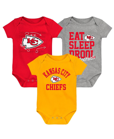 Outerstuff Baby Boys And Girls Gold, Red, Heather Gray Kansas City Chiefs Three-pack Eat, Sleep And Drool Retro In Gold,red,heather Gray