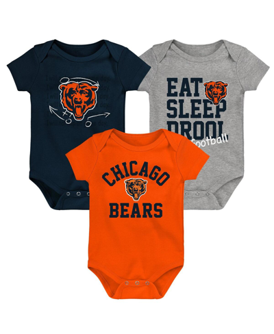 OUTERSTUFF BABY BOYS AND GIRLS ORANGE, NAVY, HEATHER GRAY CHICAGO BEARS THREE-PACK EAT, SLEEP AND DROOL RETRO B