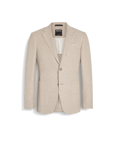 Zegna Dark Beige Crossover Linen Wool And Silk Blend Jacket