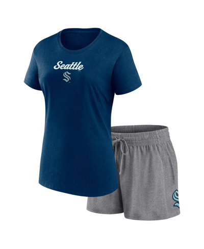 Fanatics Women's  Navy, Gray Seattle Kraken Script T-shirt And Shorts Set In Navy,gray