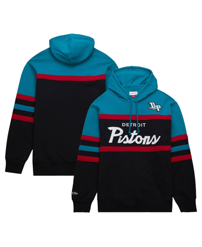 MITCHELL & NESS MEN'S MITCHELL & NESS BLACK, TEAL DETROIT PISTONS HEAD COACH PULLOVER HOODIE