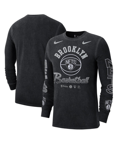 Nike Men's  Black Distressed Brooklyn Nets Courtside Retro Elevated Long Sleeve T-shirt