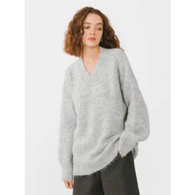 Marram Trading V-neck Fluffy Knit Jumper In Grey