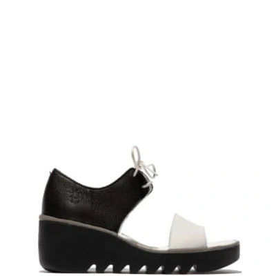 Fly London Bilu White Black Wedge Sandals In Black Leather