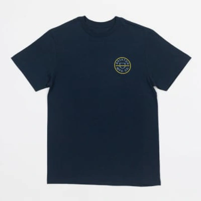 Brixton Crest Ii Short Sleeve T-shirt In Navy & Yellow In Blue
