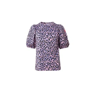 Scamp & Dude : Pink With Blue And Black Shadow Leopard Puff Sleeve T-shirt
