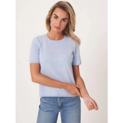 Repeat Cashmere Cashmere Crew Neck Half Sleeve Crop Sweater In Blue