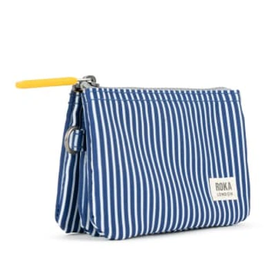 Roka London Purse Carnaby Small Recycled Repurposed Sustainable Canvas In Hickory Stripe In Blue