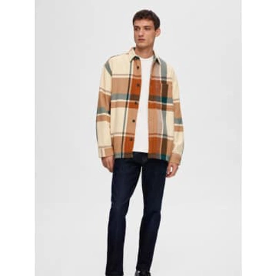 Selected Homme Sugar Almond Loose Hybrid Check Overshirt In Brown