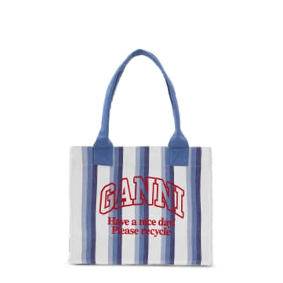 Ganni Large Striped Canvas Tote Bag In Blue