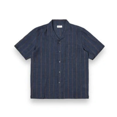 Universal Works Road Shirt 30259 Stripe Linen Navy In Blue