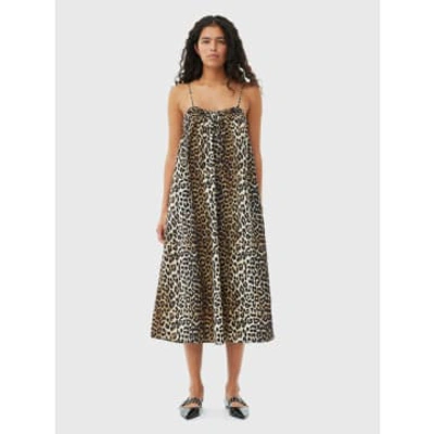 Ganni Leopard Midi Strap Dress In Animal Print
