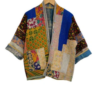 Behotribe  &  Nekewlam Jacket Reversable Kantha Vintage Fabric Colour Block In Multi