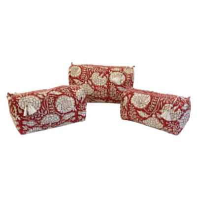 Behotribe  &  Nekewlam Cosmetic Wash Bags Cotton Set Of 3 Umber In Red