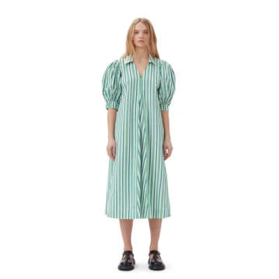 Ganni Striped Organic Cotton-poplin Maxi Dress In Green