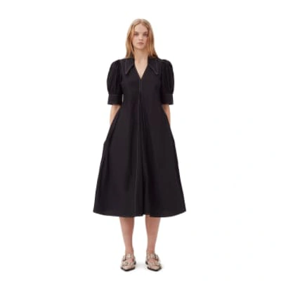 Ganni Cotton Poplin V-neck Midi Dress In Black