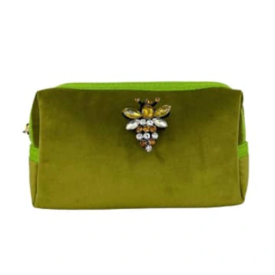 Sixton London Medium Recycled Velvet Make-up Bag With Queen Bee Pin In Chartreuse