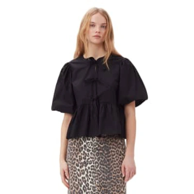 Ganni Balloon Sleeve/short Sleeve Cotton Poplin Peplum Tie Blouse In Black