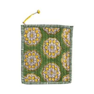 Behotribe  &  Nekewlam Purse Quilted Cotton Olive Green Block Print